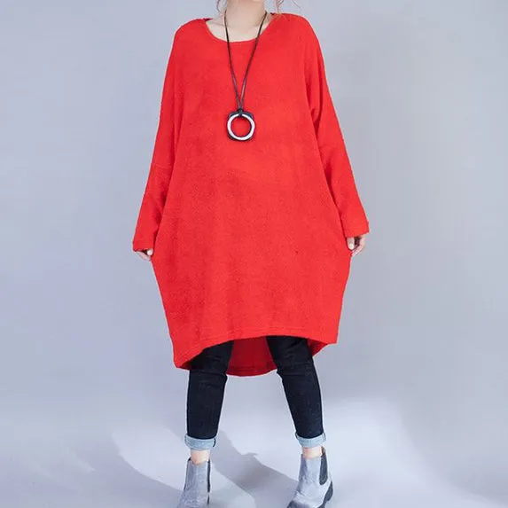 plus size casual woolen dresses red fashion low high sweater dress