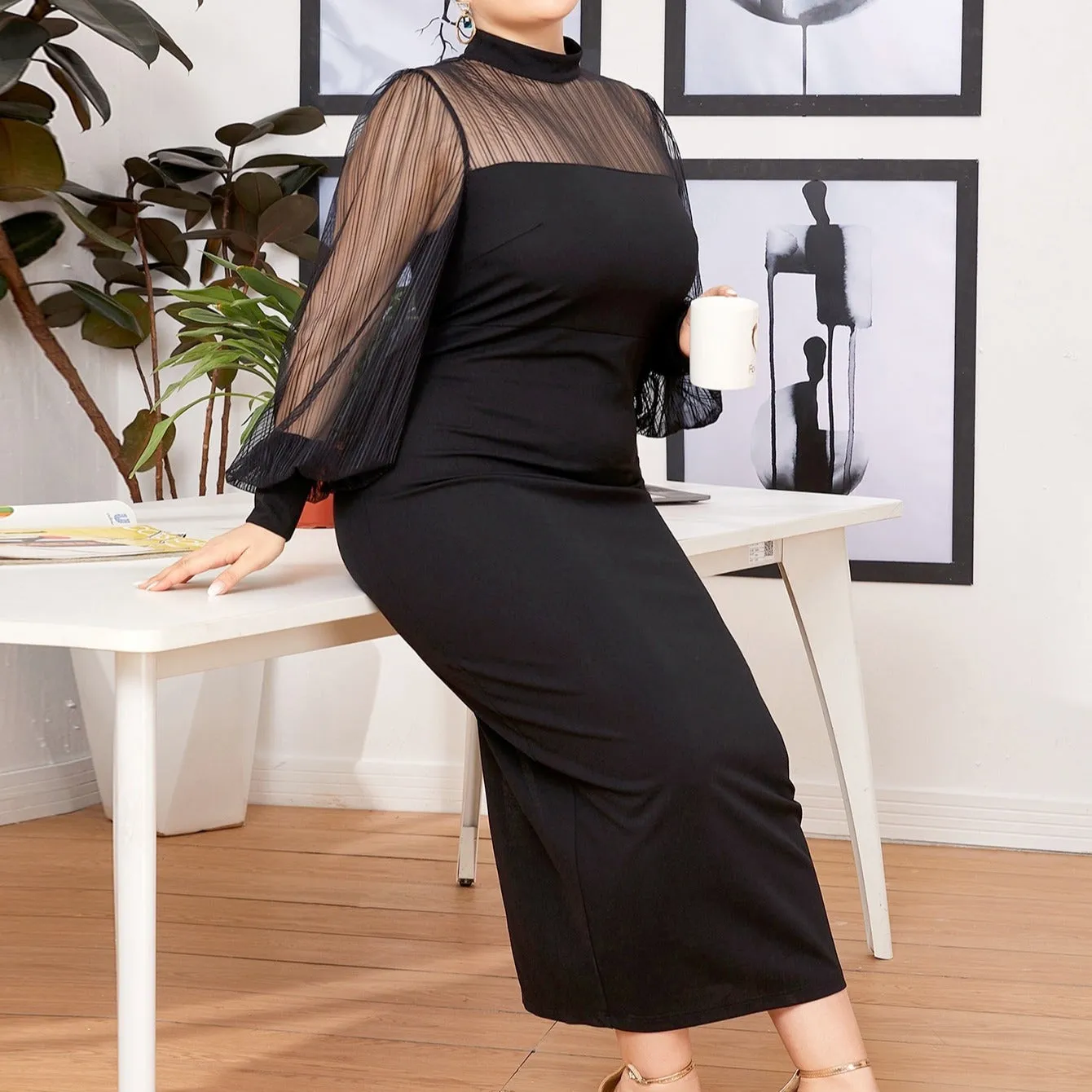 Plus Size Women Office Office Mesh Stitching Half Turtleneck See-through Sheath Maxi Dress