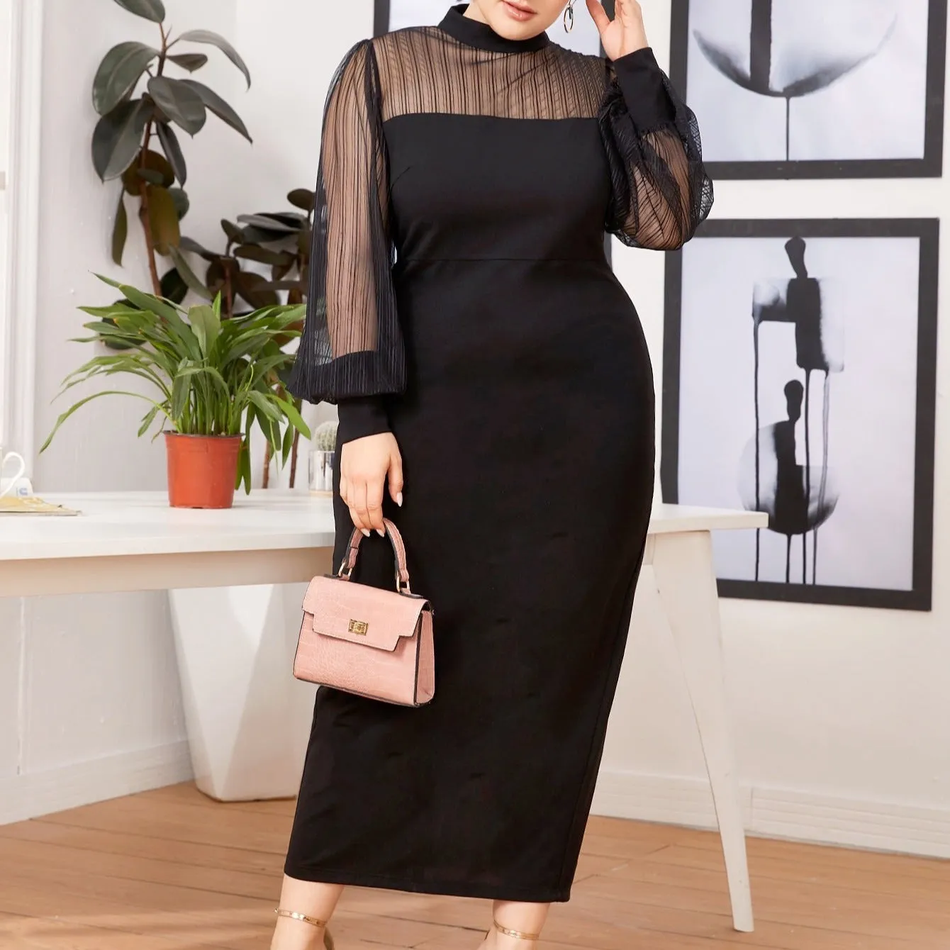 Plus Size Women Office Office Mesh Stitching Half Turtleneck See-through Sheath Maxi Dress