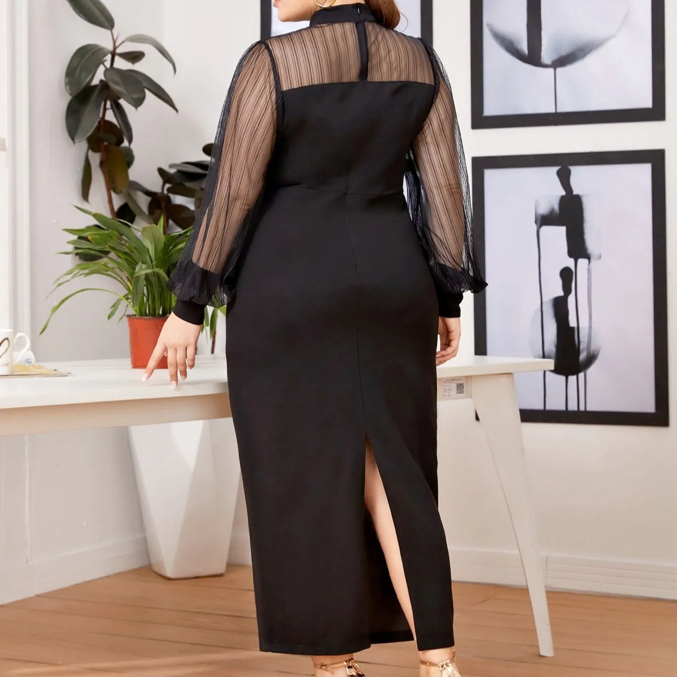 Plus Size Women Office Office Mesh Stitching Half Turtleneck See-through Sheath Maxi Dress