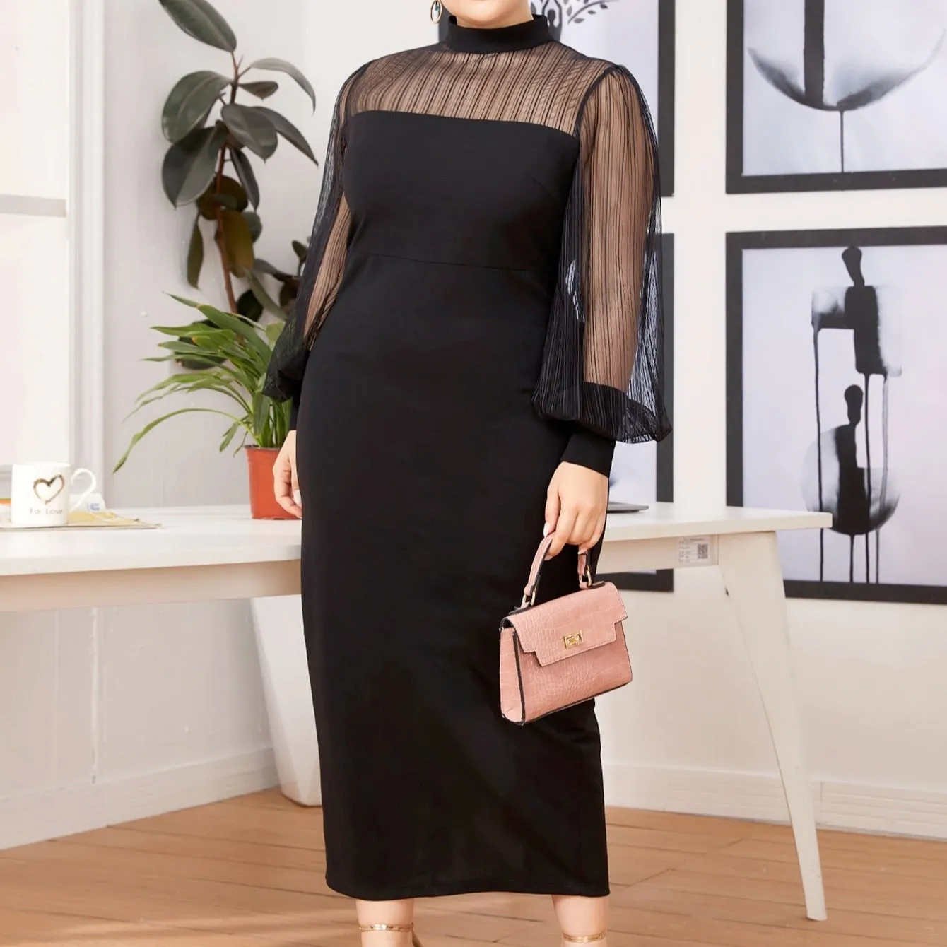 Plus Size Women Office Office Mesh Stitching Half Turtleneck See-through Sheath Maxi Dress