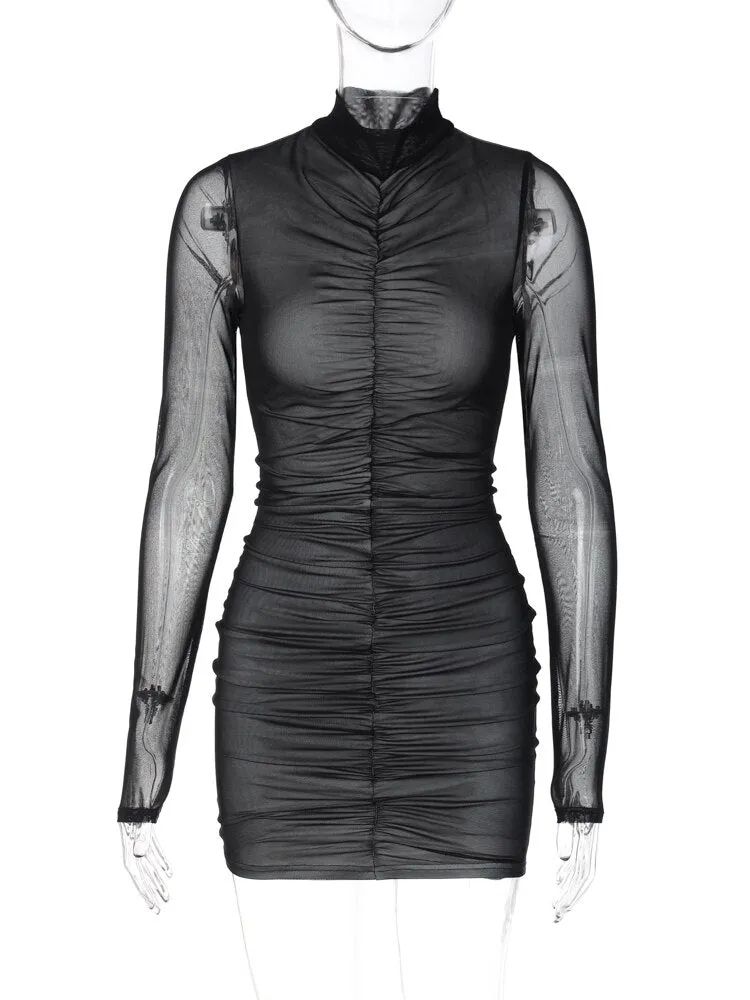 Purpdrank - Mesh Black Turtleneck Long Sleeves Draped See Through Sexy Bodycon Mini Prom Dress Fall Women Festival Party Club