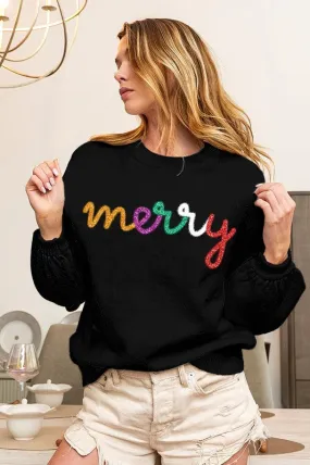 "MERRY" Metallic Letter Sweater