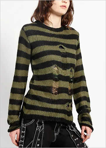 RAG STRIPE SWEATER - ARMY