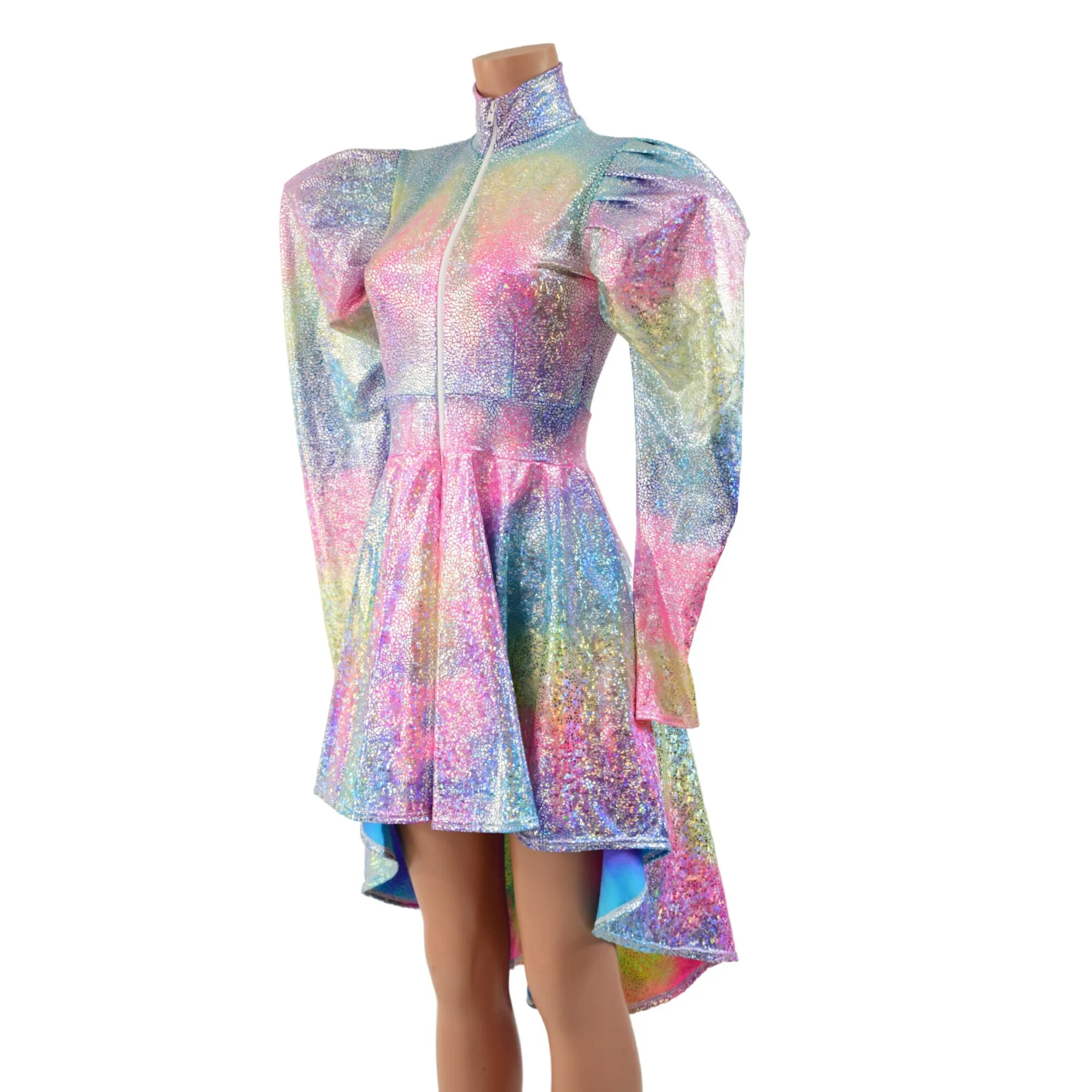 Rainbow Shattered Glass Hi Lo Dress with Full Separating Front Zipper