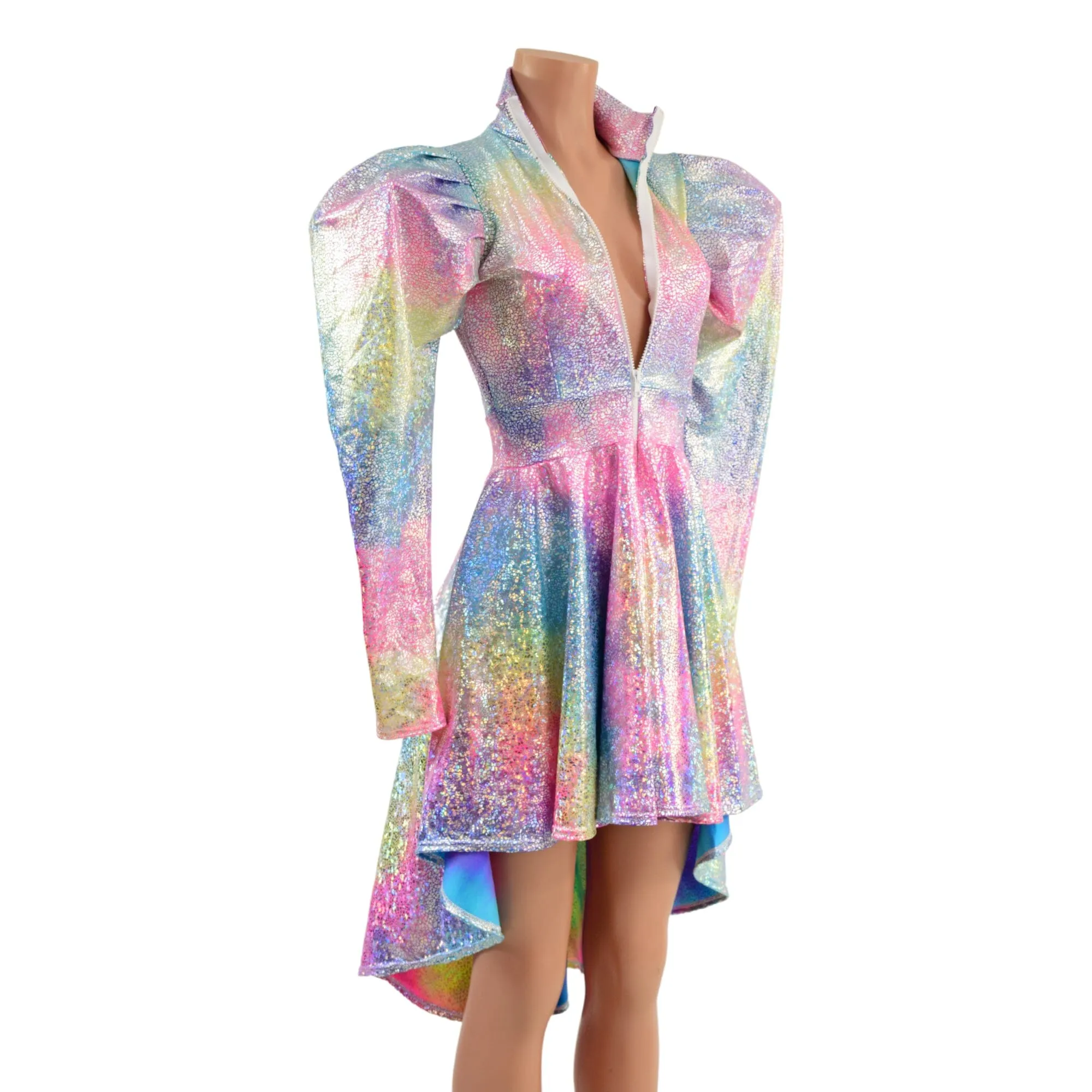 Rainbow Shattered Glass Hi Lo Dress with Full Separating Front Zipper