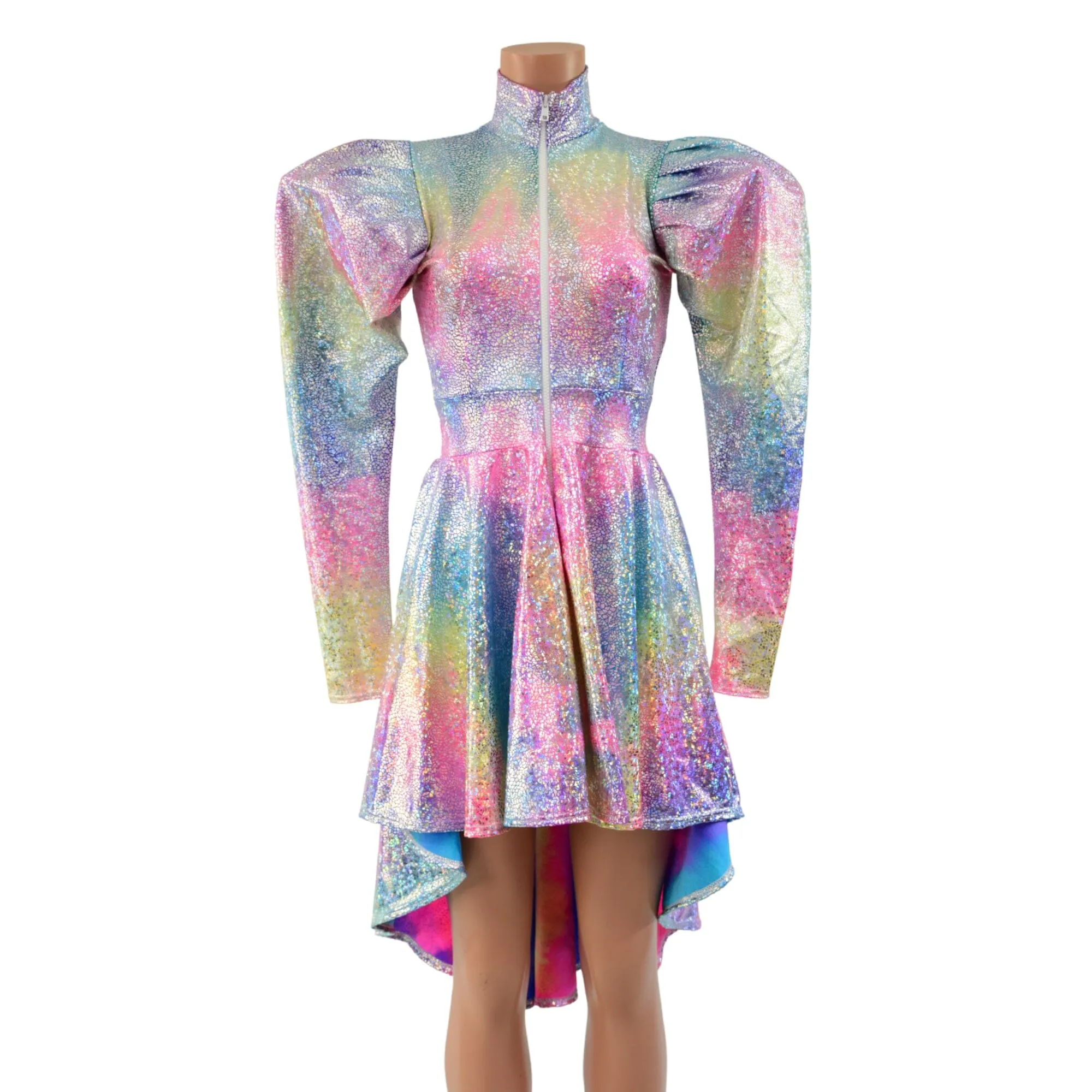 Rainbow Shattered Glass Hi Lo Dress with Full Separating Front Zipper