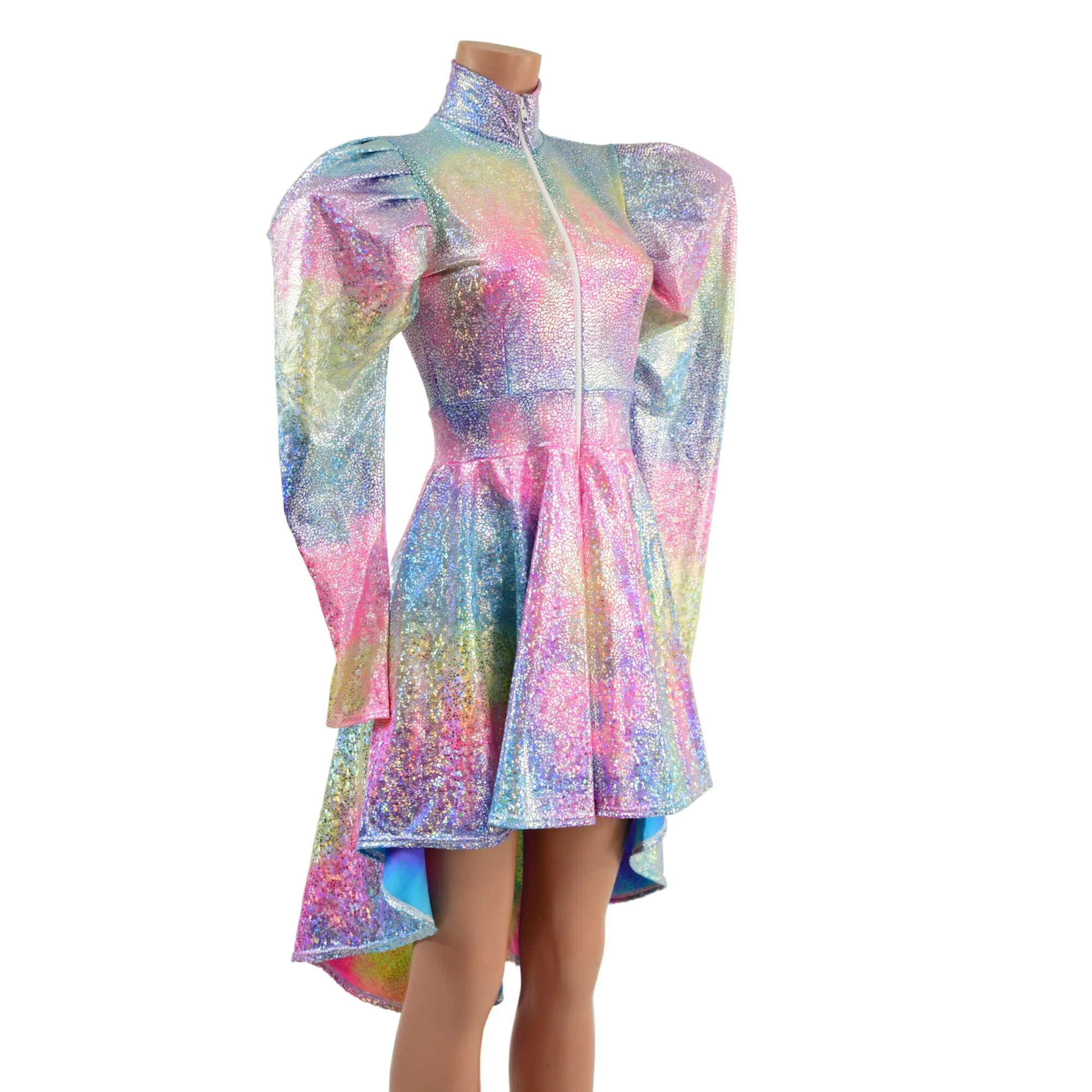 Rainbow Shattered Glass Hi Lo Dress with Full Separating Front Zipper