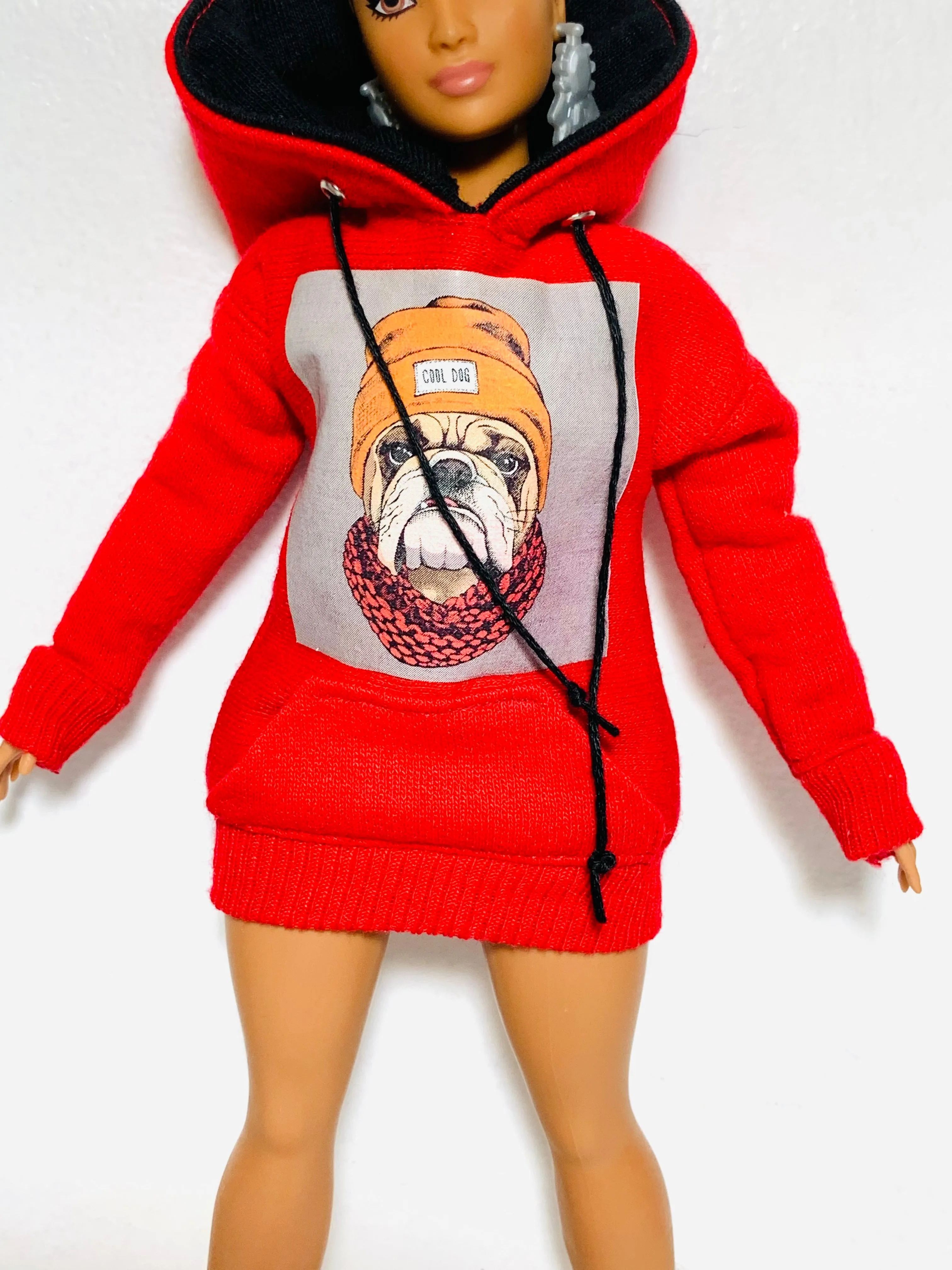 Red hoodie for Barbie doll bulldog sweater