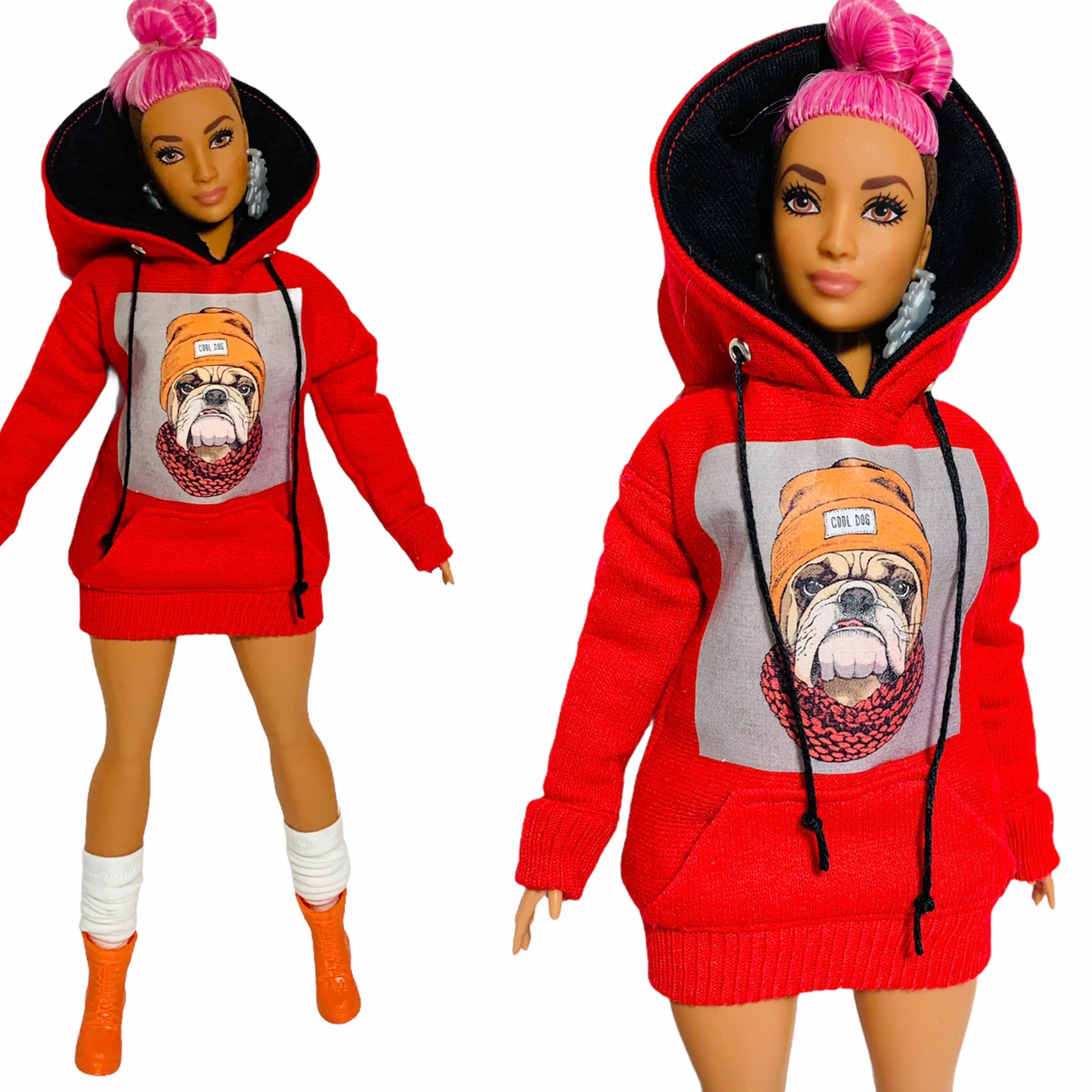 Red hoodie for Barbie doll bulldog sweater