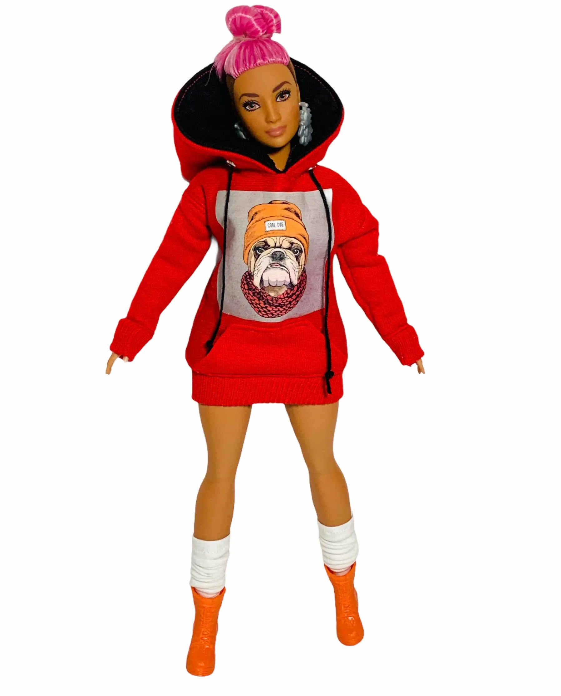 Red hoodie for Barbie doll bulldog sweater