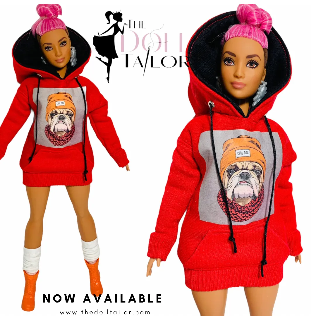 Red hoodie for Barbie doll bulldog sweater