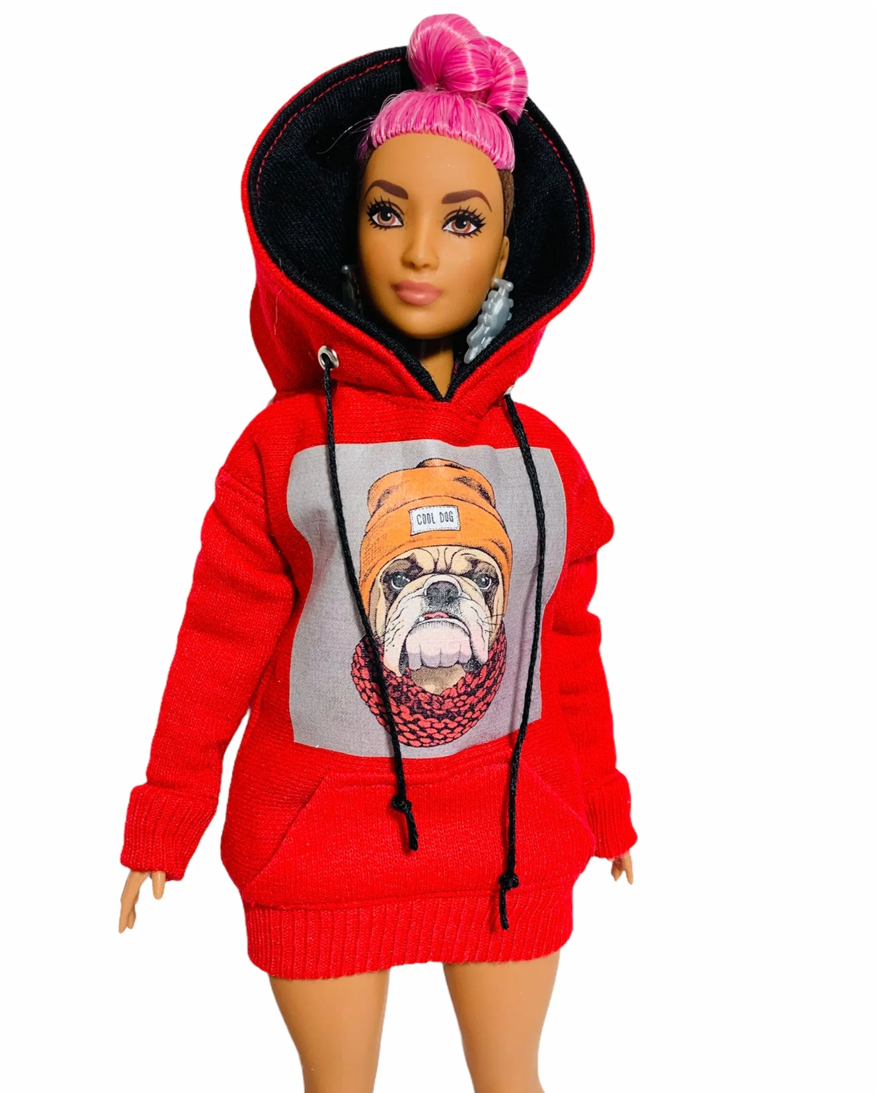 Red hoodie for Barbie doll bulldog sweater