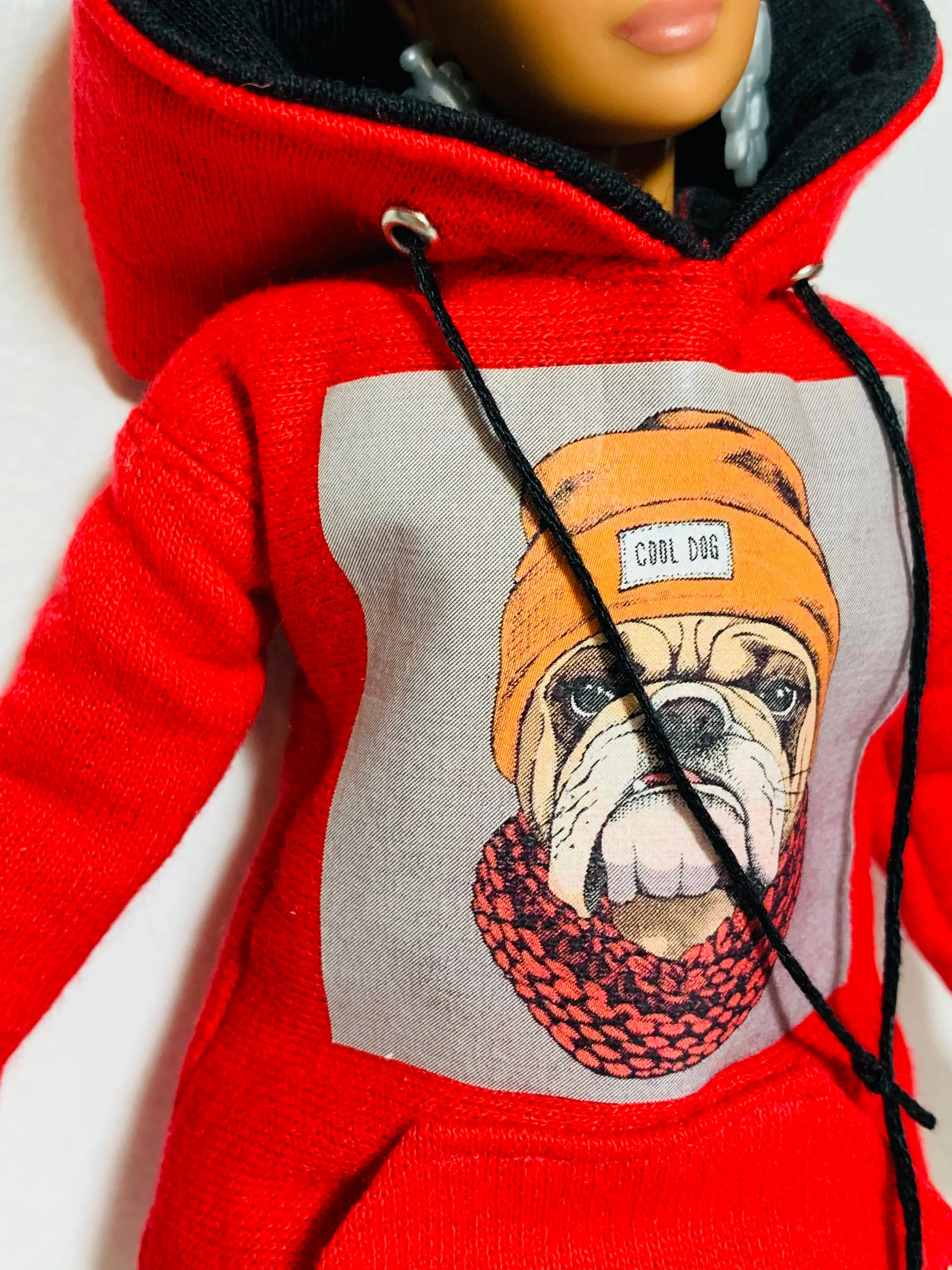 Red hoodie for Barbie doll bulldog sweater