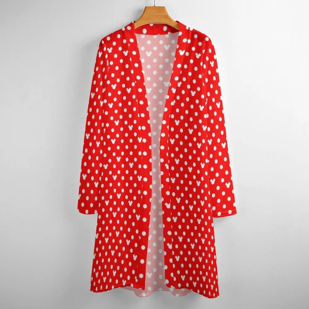 Red With White Mickey Polka Dots Women's Mid-Length Cardigan