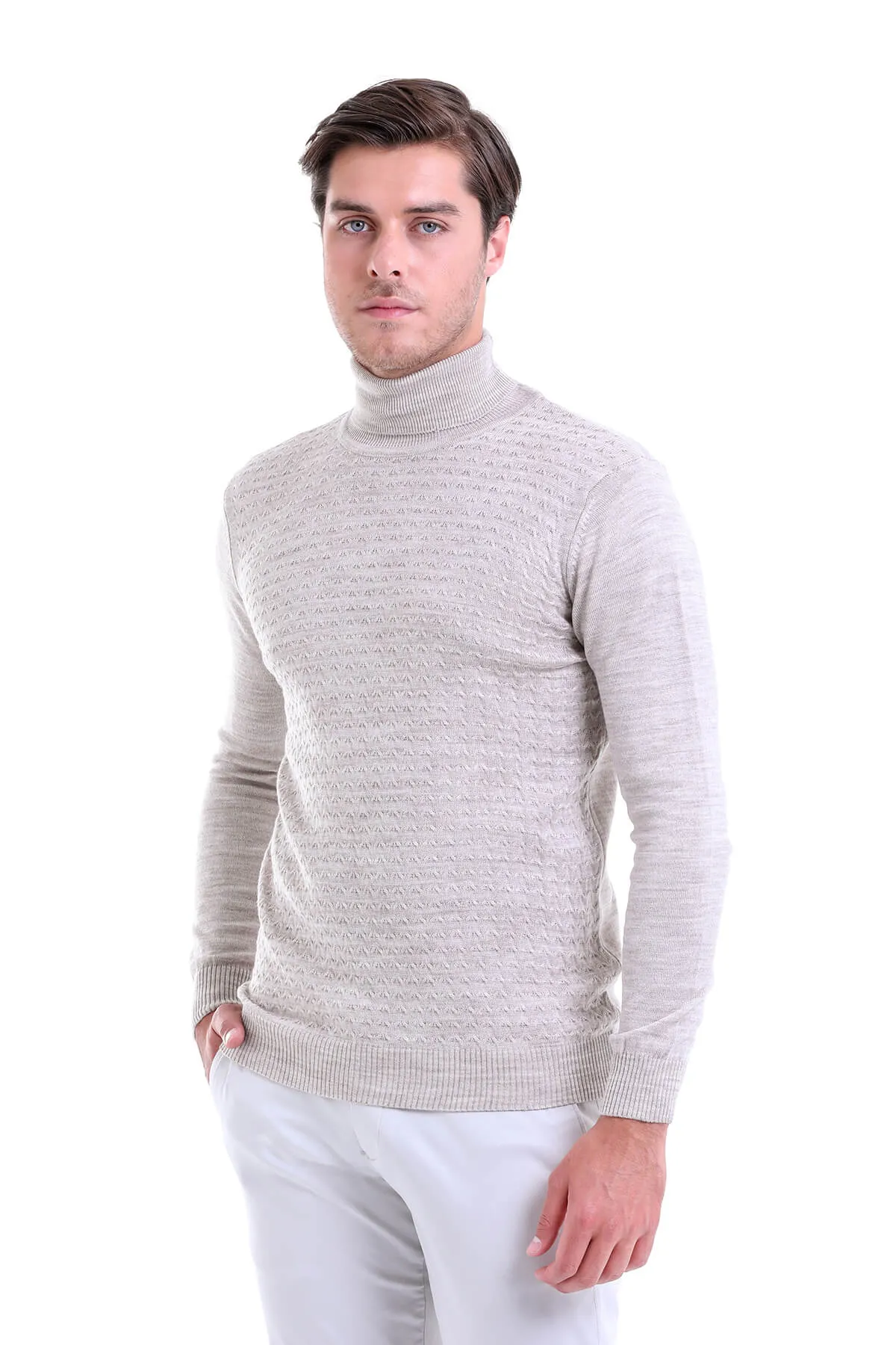 Regular Fit Beige Turtleneck Sweater