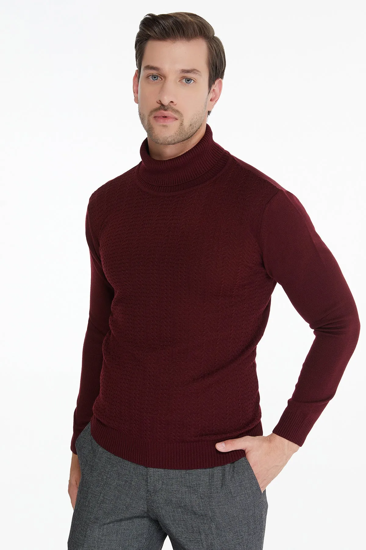 Regular Fit Light Burgundy Turtleneck Sweater