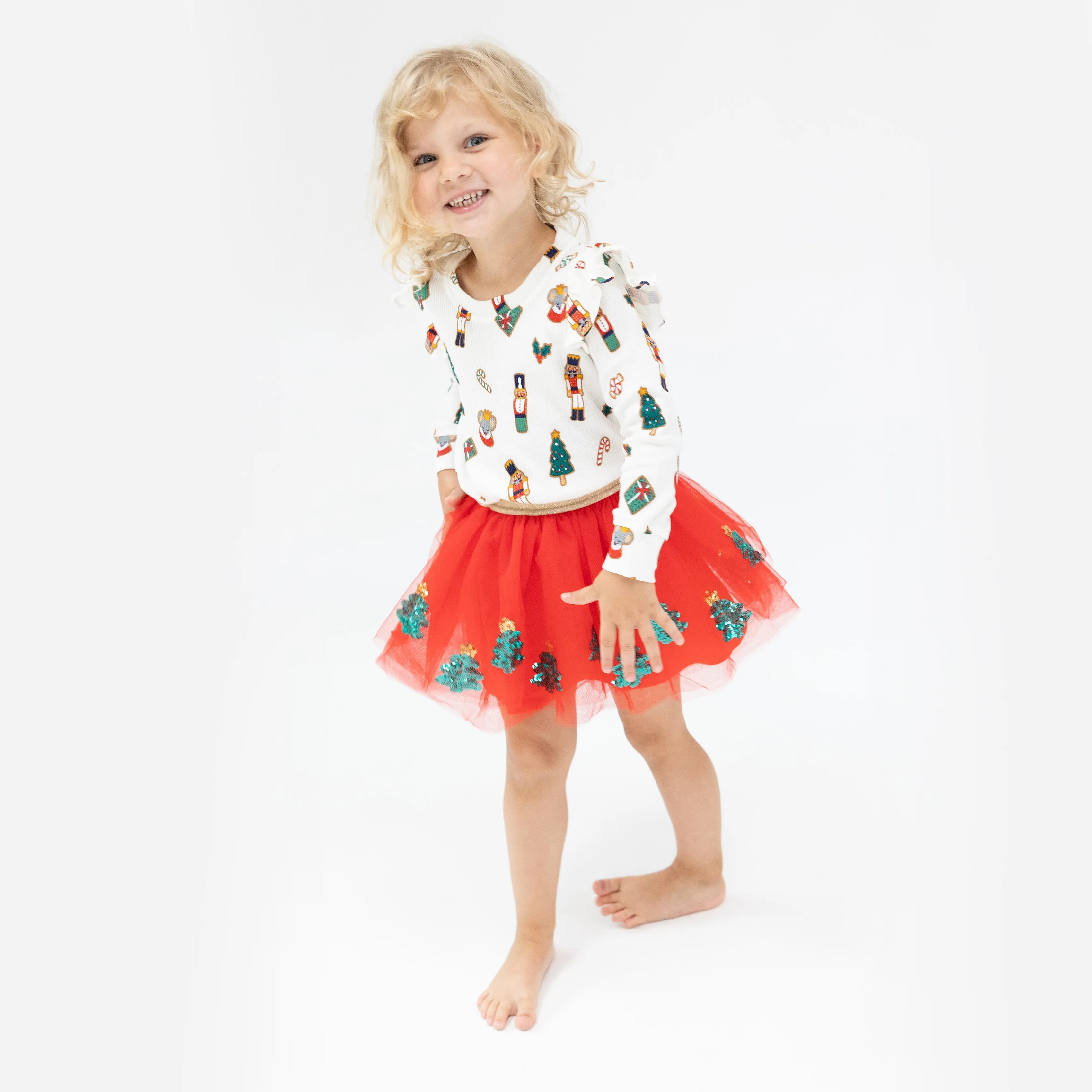 Ruffle Shoulder Top & Tutu Skirt Set - Nutcracker Christmas Cookies