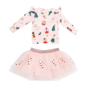 Ruffle Shoulder Top & Tutu Skirt Set - Sugar Plum Fairy Christmas Cookie Pink