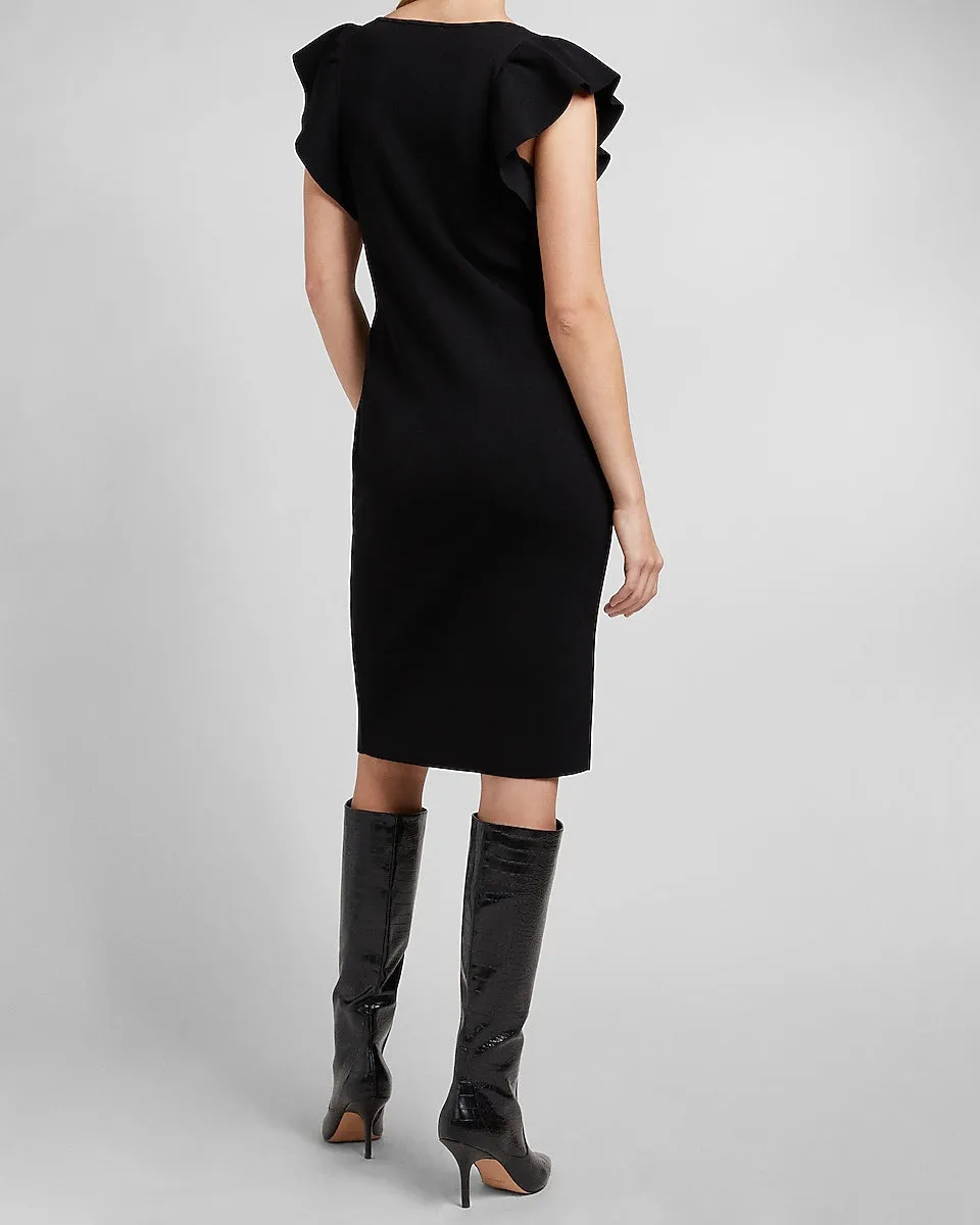 Ruffle Sleeve Sweater Dress in Pitch Black