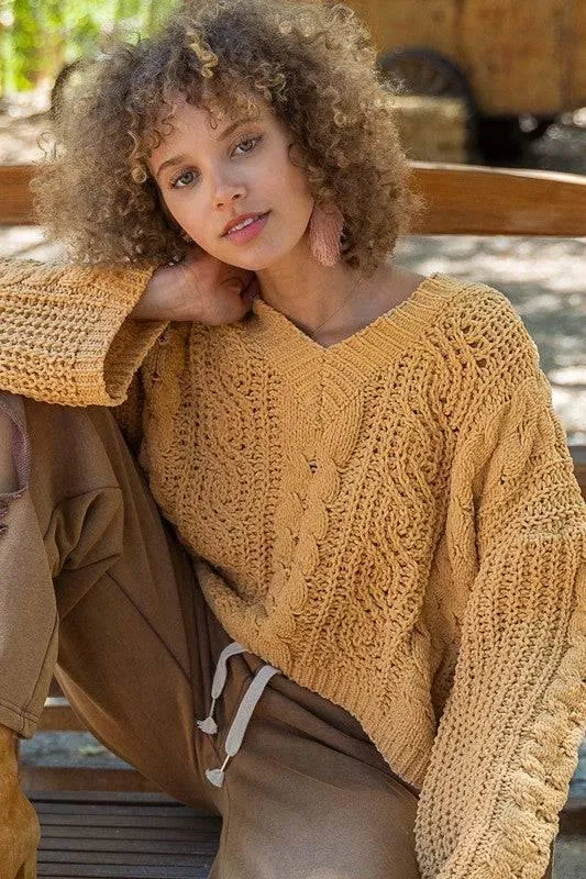 See-through cropped bell sleeved sweater