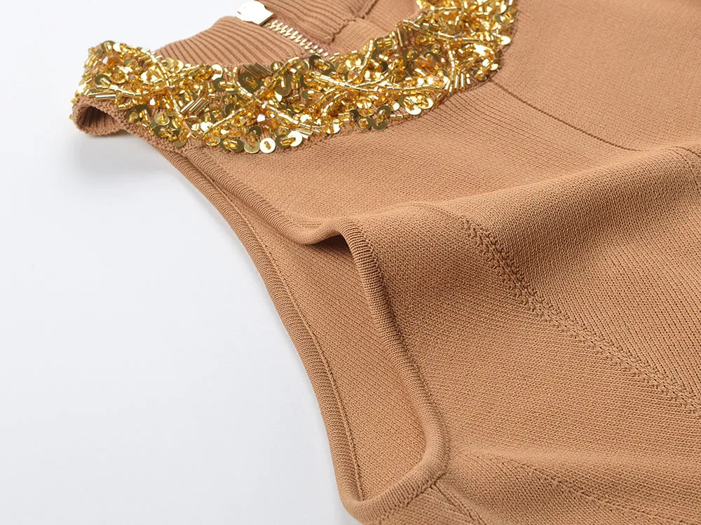 Sequin Beaded Collar Halter Neck Sweater Dress