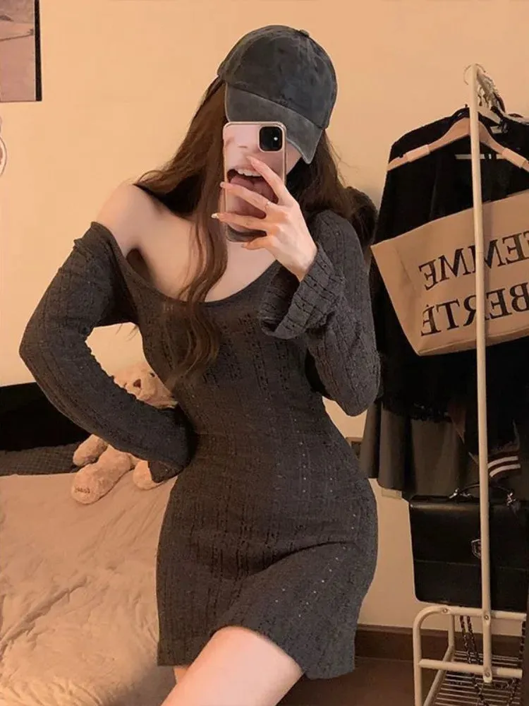 Sexy Knit Knitted Sweater Dress Bodycon Women Autumn Vintage Retro Wrap Long Sleeve Short Mini Dresses