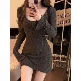 Sexy Knit Knitted Sweater Dress Bodycon Women Autumn Vintage Retro Wrap Long Sleeve Short Mini Dresses