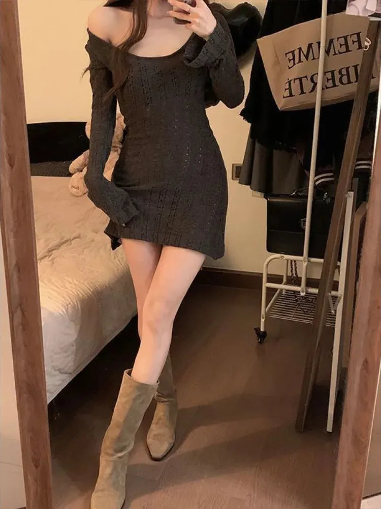 Sexy Knit Knitted Sweater Dress Bodycon Women Autumn Vintage Retro Wrap Long Sleeve Short Mini Dresses