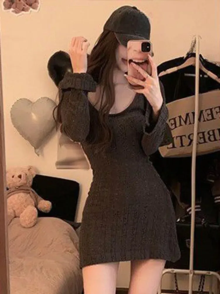 Sexy Knit Knitted Sweater Dress Bodycon Women Autumn Vintage Retro Wrap Long Sleeve Short Mini Dresses