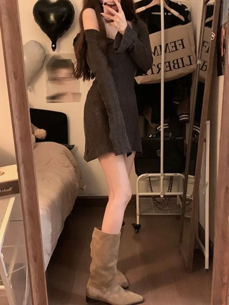 Sexy Knit Knitted Sweater Dress Bodycon Women Autumn Vintage Retro Wrap Long Sleeve Short Mini Dresses