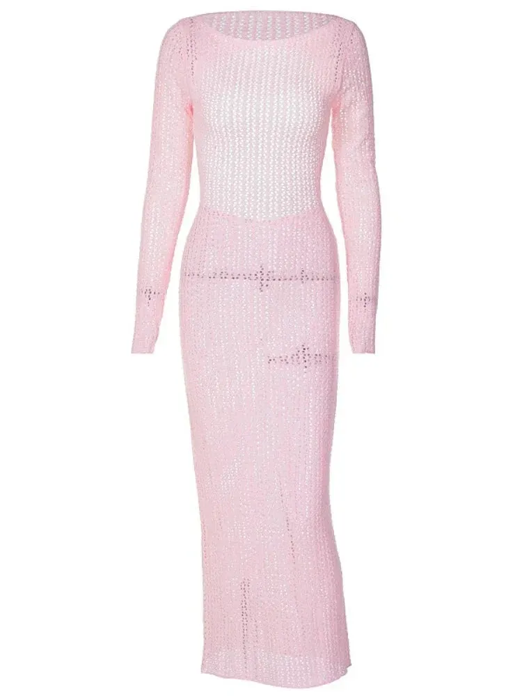 Sexy Pink Hollow Knit Sweater Dress Fall Winter 2023 Elegant Holiday Backless Long Sleeve Maxi Dresses Women C15-EZ37