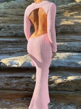 Sexy Pink Hollow Knit Sweater Dress Fall Winter 2023 Elegant Holiday Backless Long Sleeve Maxi Dresses Women C15-EZ37