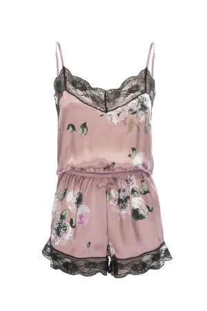 Silk Charmeuse 'Lea' Romper: Champagne Floral Print