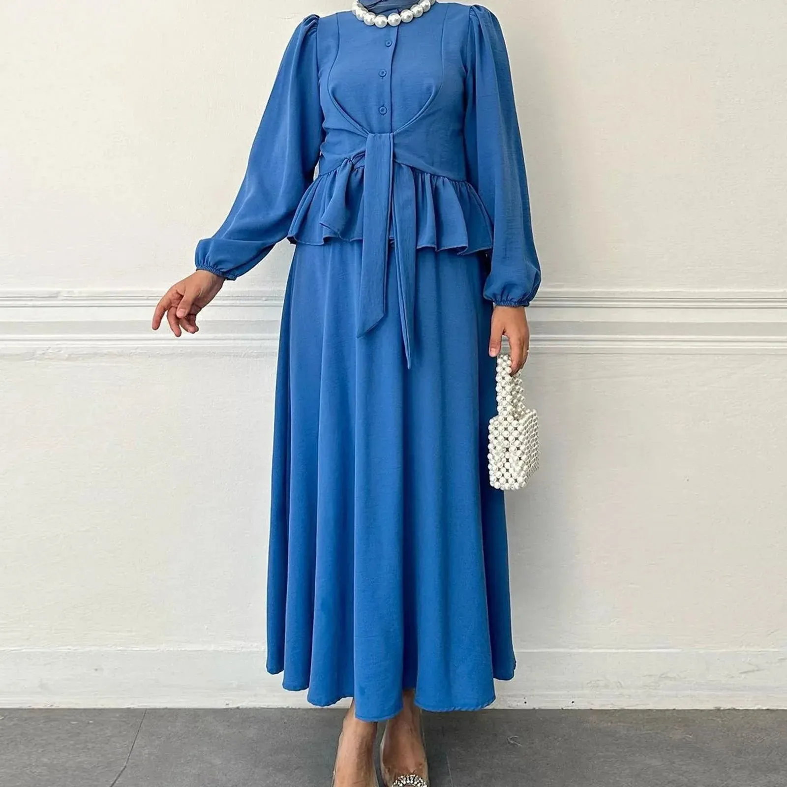 Sleeve High Neck Ruffles Slim Tie Waist Muslim Maxi Plus Size Summer Midi Long Dress