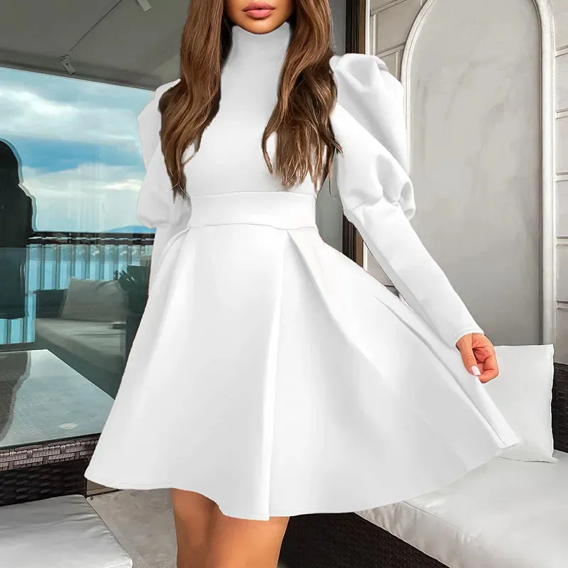 Sleeved High Waist Party Ladies Elegant Turtleneck Solid A-line Office Temperament Slim Short Summer Long Dress