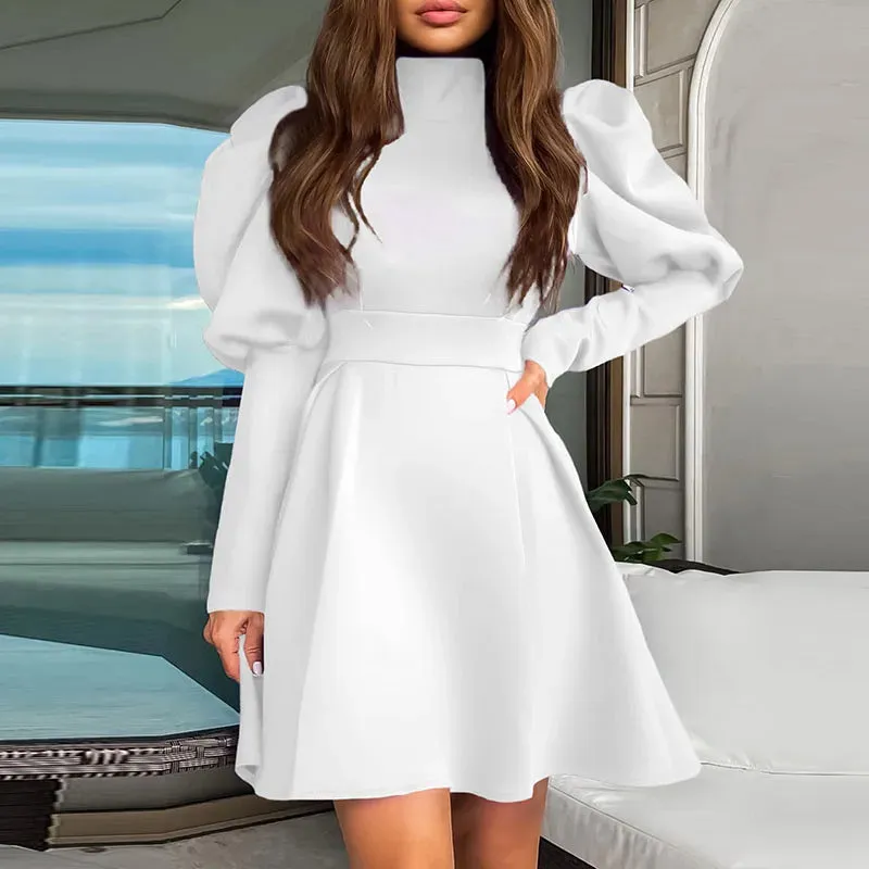 Sleeved High Waist Party Ladies Elegant Turtleneck Solid A-line Office Temperament Slim Short Summer Long Dress