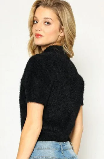 Soft & Fuzzy Short Sleeve Mock Turtleneck Sweater in Black