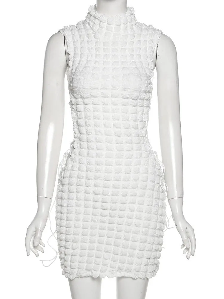 Stacked Plaid Bandage Hollow Y2K Dress Sleeveless Turtleneck String Bodycon Party Clubwear Outfits