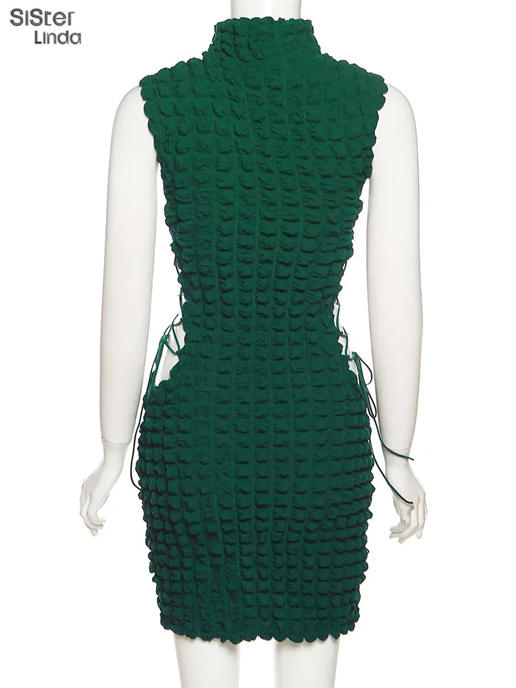 Stacked Plaid Bandage Hollow Y2K Dress Sleeveless Turtleneck String Bodycon Party Clubwear Outfits