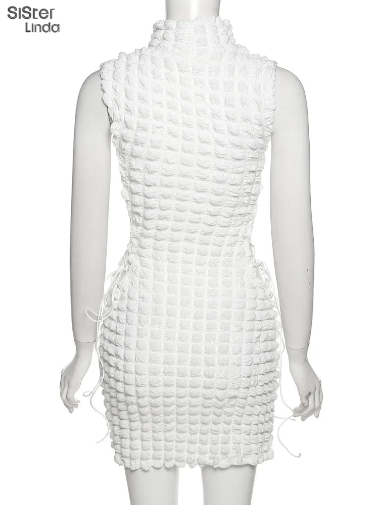 Stacked Plaid Bandage Hollow Y2K Dress Sleeveless Turtleneck String Bodycon Party Clubwear Outfits