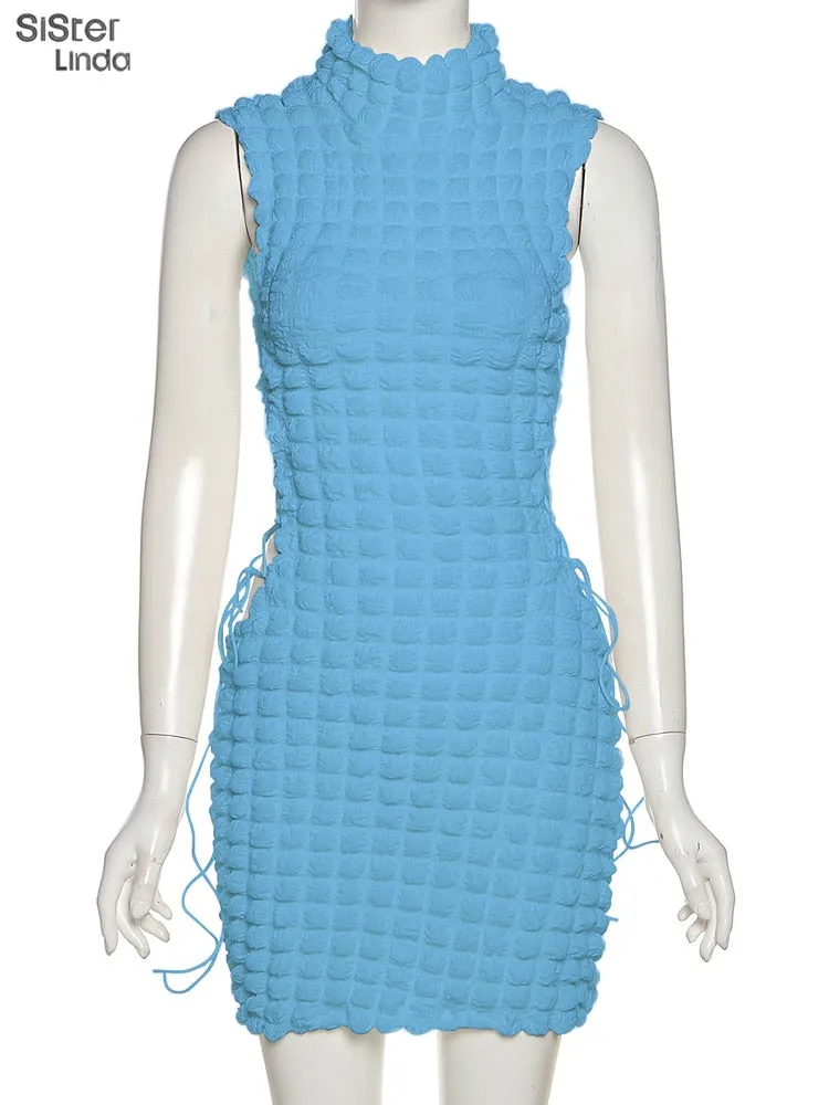 Stacked Plaid Bandage Hollow Y2K Dress Sleeveless Turtleneck String Bodycon Party Clubwear Outfits