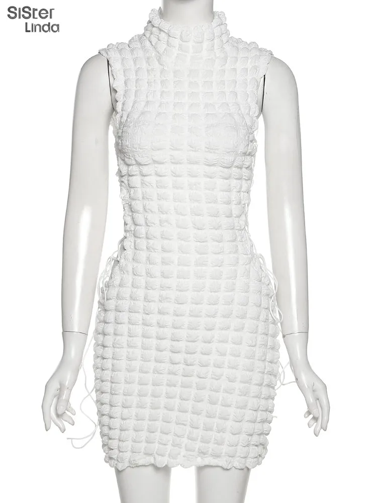 Stacked Plaid Bandage Hollow Y2K Dress Sleeveless Turtleneck String Bodycon Party Clubwear Outfits