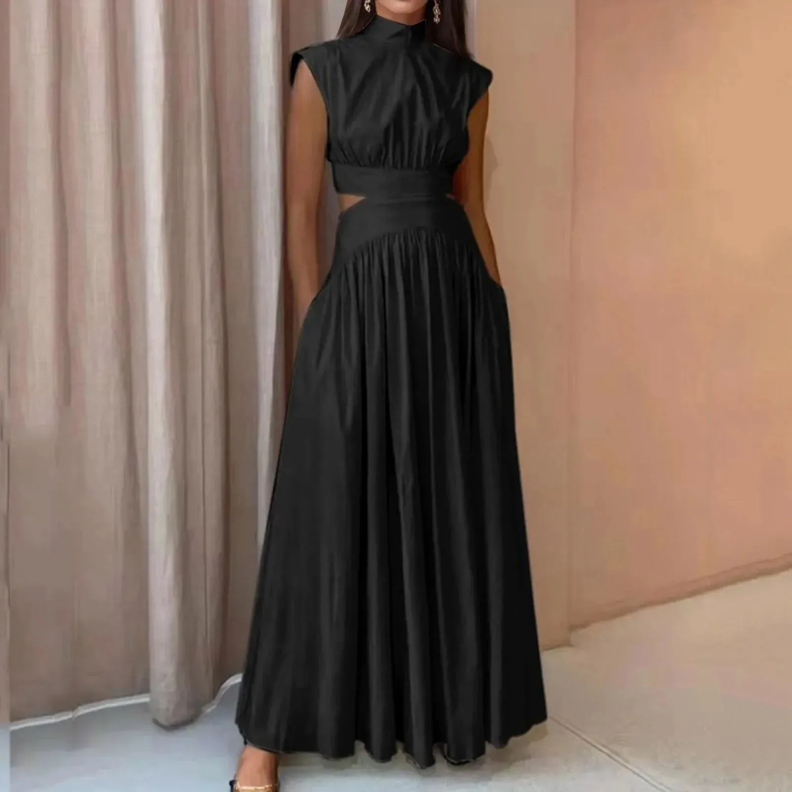 Stand Collar Solid High Cut Out Female Summer Clothes Midi Fashion Dress