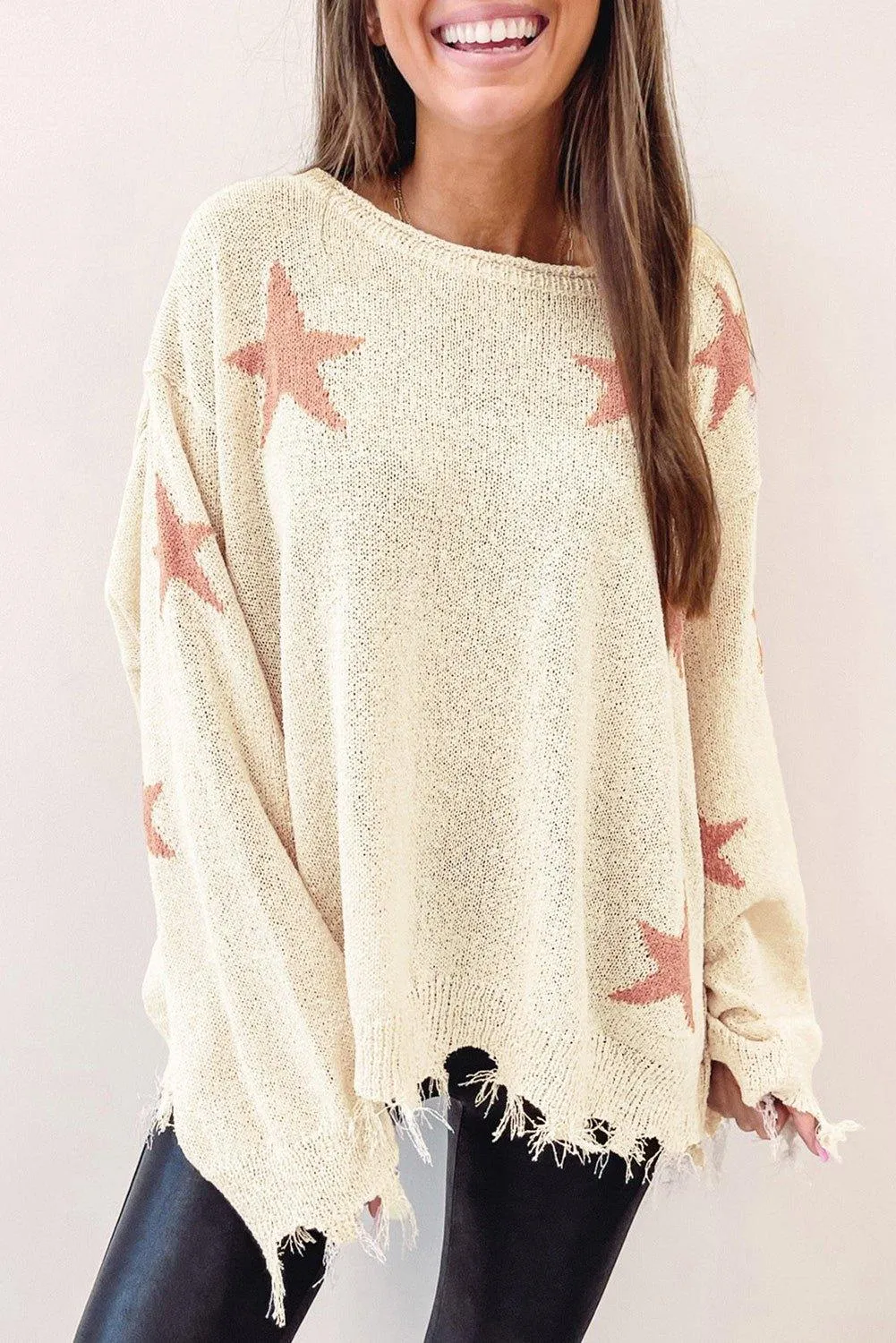 Starry Beige Distressed Sweater