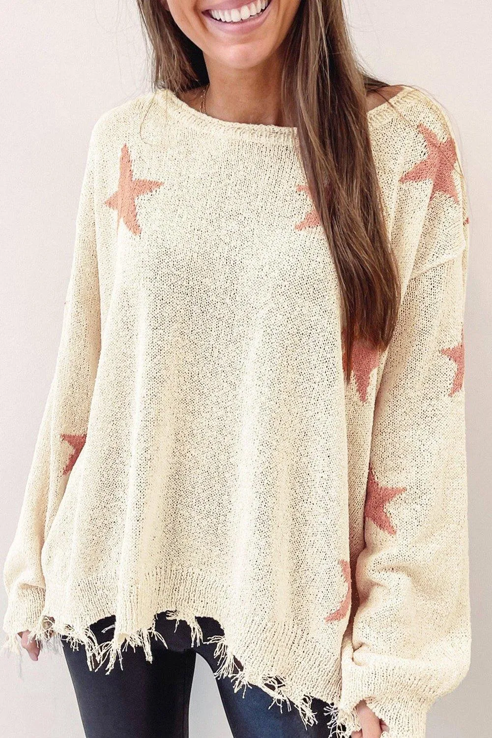 Starry Beige Distressed Sweater