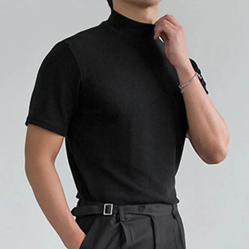 Stylish America Style Men's T-shirt Male Slim Solid Color Half Turtleneck Tops Short Sleeve Fashion tide 9A8194