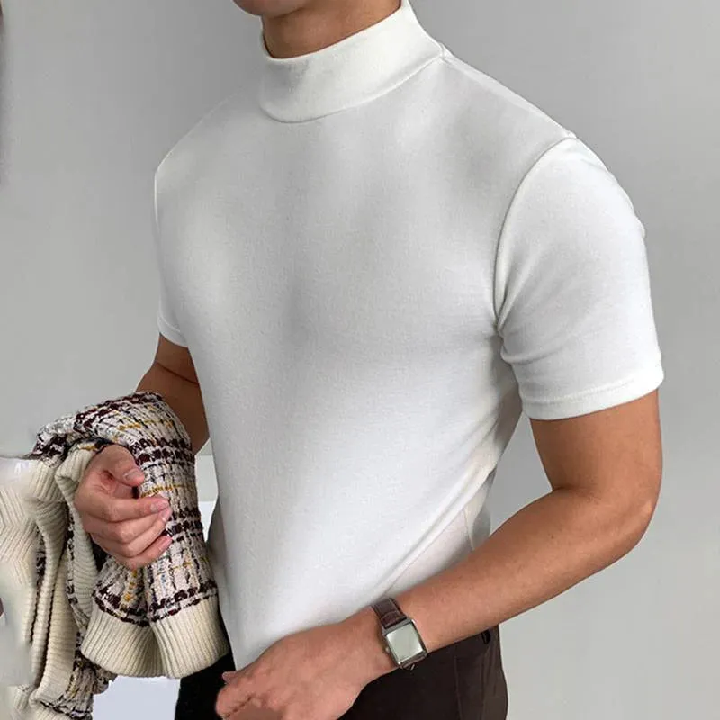 Stylish America Style Men's T-shirt Male Slim Solid Color Half Turtleneck Tops Short Sleeve Fashion tide 9A8194