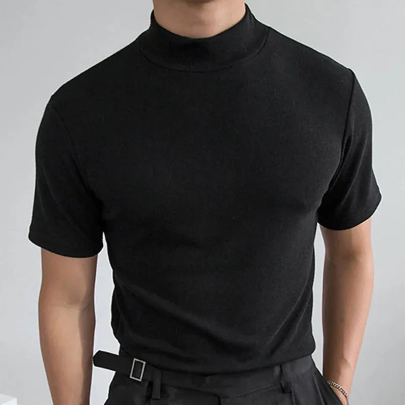 Stylish America Style Men's T-shirt Male Slim Solid Color Half Turtleneck Tops Short Sleeve Fashion tide 9A8194