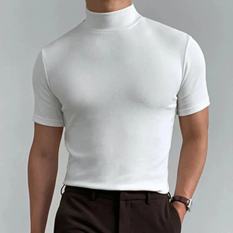 Stylish America Style Men's T-shirt Male Slim Solid Color Half Turtleneck Tops Short Sleeve Fashion tide 9A8194